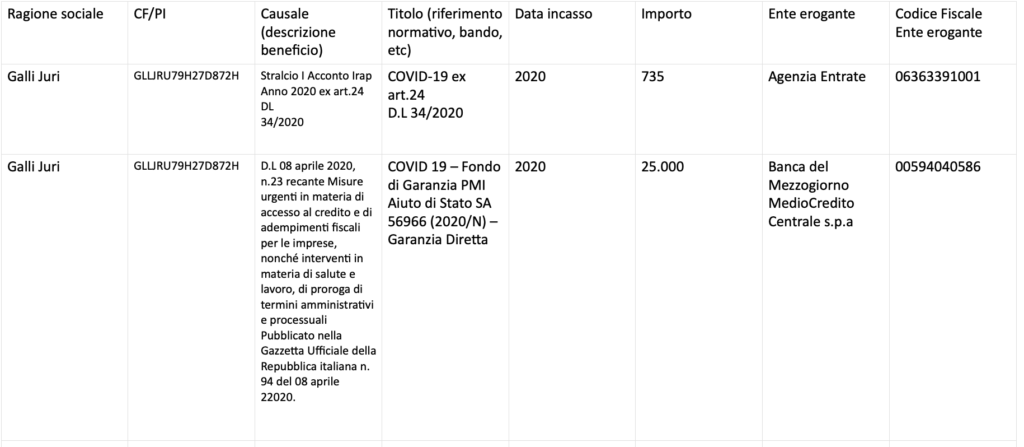 galliscavi contributi pubblici anno 2020